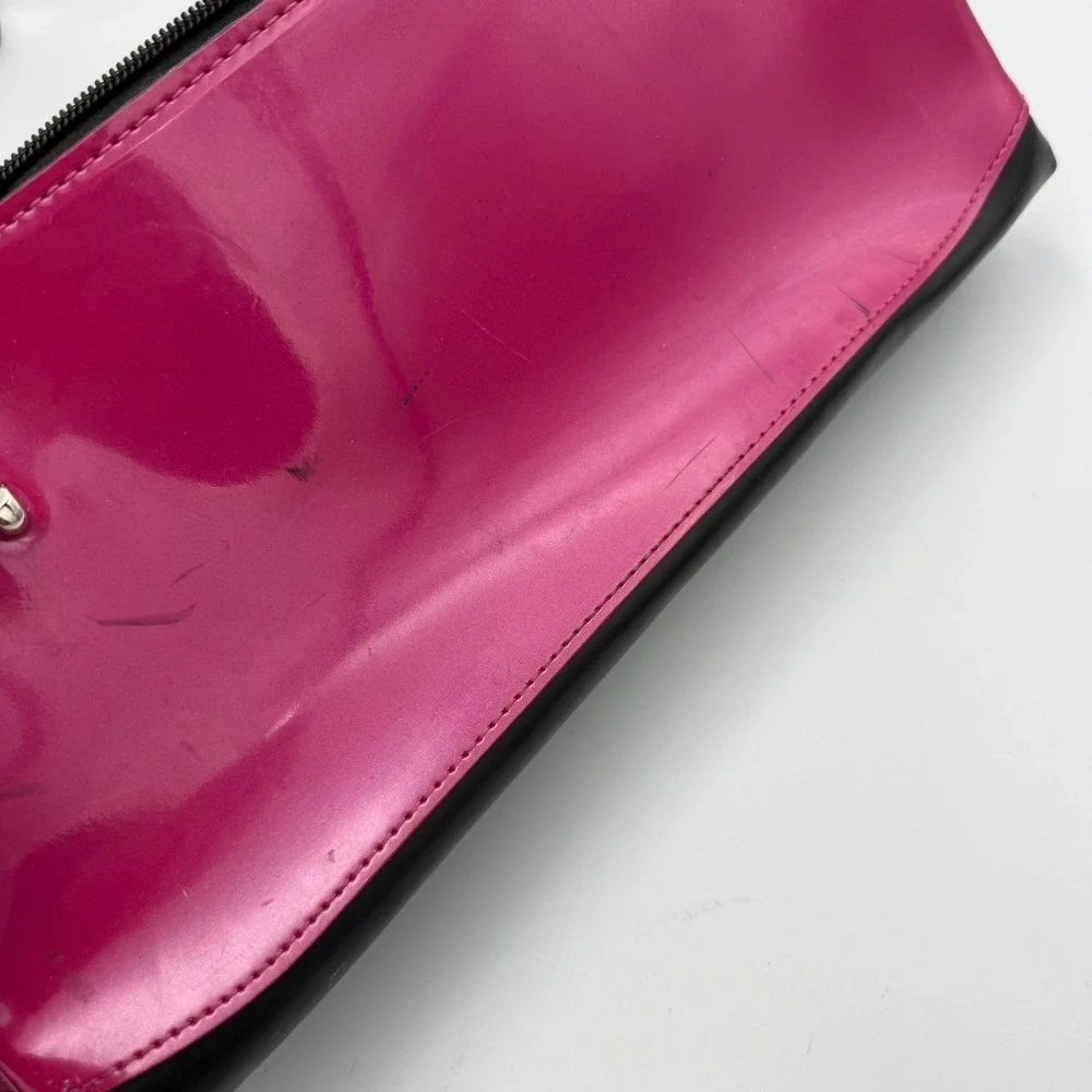 Y2K Beijo Patent Leather Shoulder Bag Hot Pink Black Top Zip Organizer Pockets